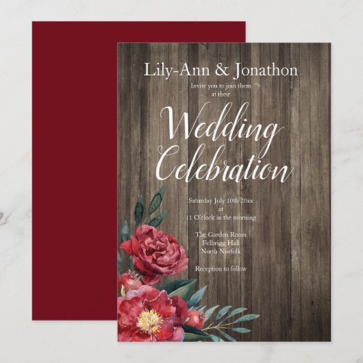 Burgundy Rozen Barn Wood Rustic Wedding Kaart (Voorkant / Achterkant)