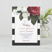 Burgundy Rozen Black White Stripe Elegant Wedding Kaart (Staand voorkant)