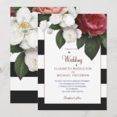 Burgundy Rozen Black White Stripe Elegant Wedding Kaart (Voorkant / Achterkant)