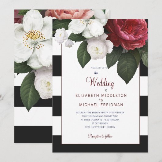 Burgundy Rozen Black White Stripe Elegant Wedding Kaart (Voorkant / Achterkant)