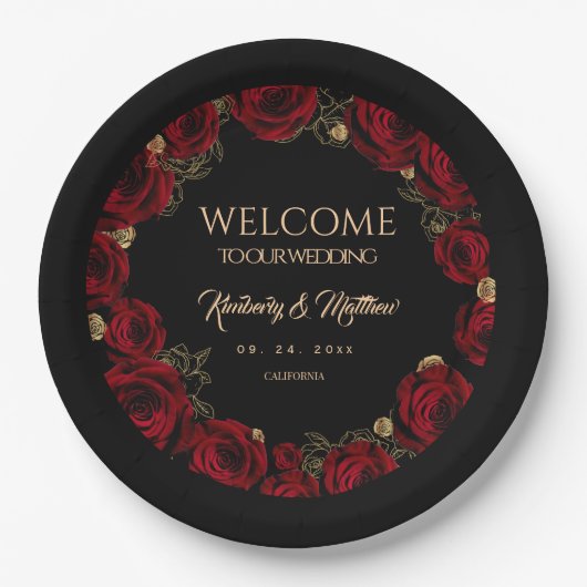 Burgundy Rozen Boho Bruiloft Papieren Bordje (Voorkant)