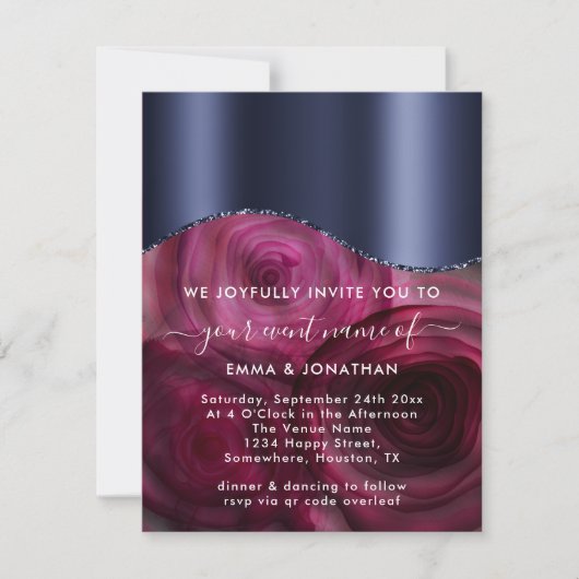 Burgundy Rozen Border QR Code Marsala Blue Navy (Voorkant)