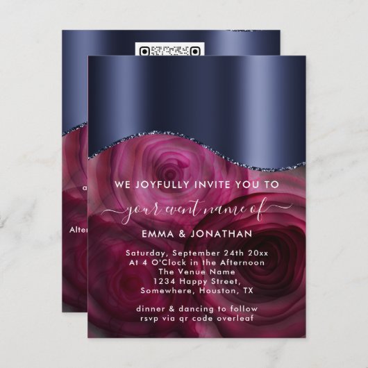 Burgundy Rozen Border QR Code Marsala Blue Navy (Voorkant / Achterkant)