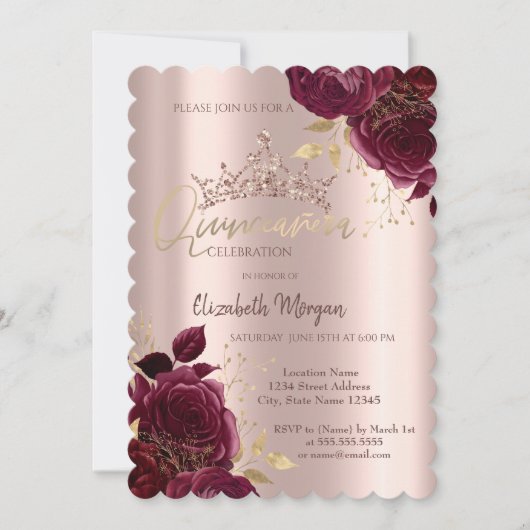 Burgundy Rozen Chic Roos Gold Quinceañera Kaart (Voorkant)