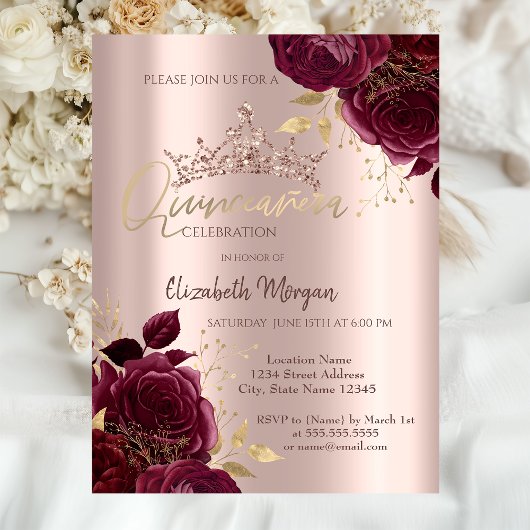 Burgundy Rozen Chic Roos Gold Quinceañera Kaart