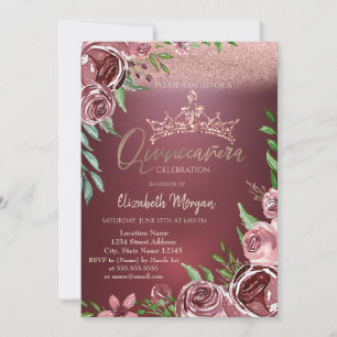 Burgundy Rozen,Crown Bokeh Quinceañera Kaart