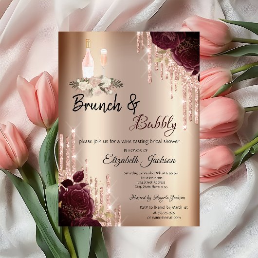 Burgundy Rozen Drips Brunch & Bubbly Bruidsfeest Kaart
