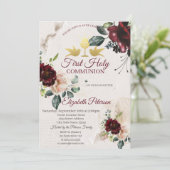 Burgundy Rozen Eerste Heilige Communie Kaart (Staand voorkant)