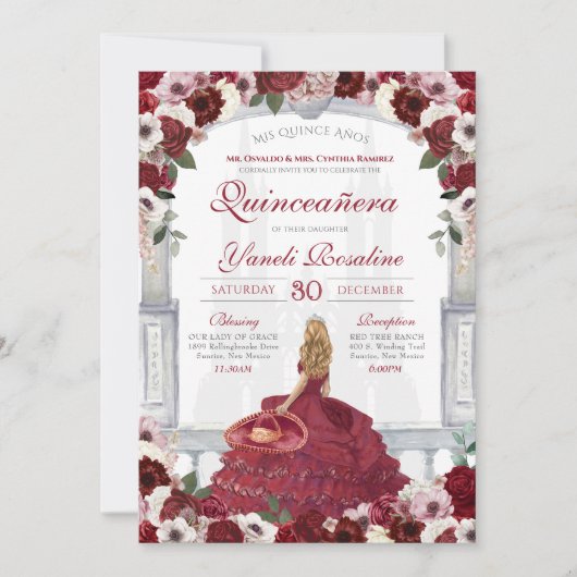 Burgundy Rozen Elegant Charro Princess Quinceanera Kaart (Voorkant)