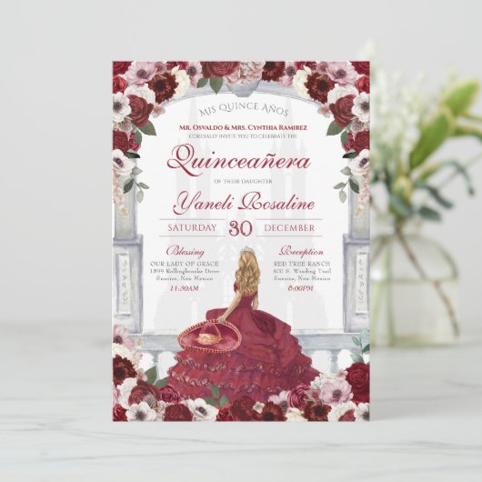Burgundy Rozen Elegant Charro Princess Quinceanera Kaart (Staand voorkant)