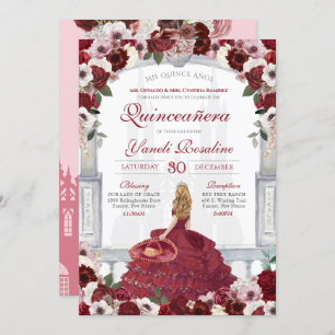 Burgundy Rozen Elegant Charro Princess Quinceañera Kaart