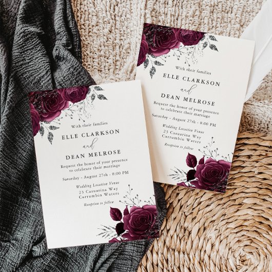 Burgundy Rozen Elegant Silver Wedding Kaart