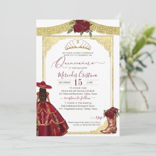 Burgundy Rozen Elegant Western Charro Quinceanera Kaart (Staand voorkant)
