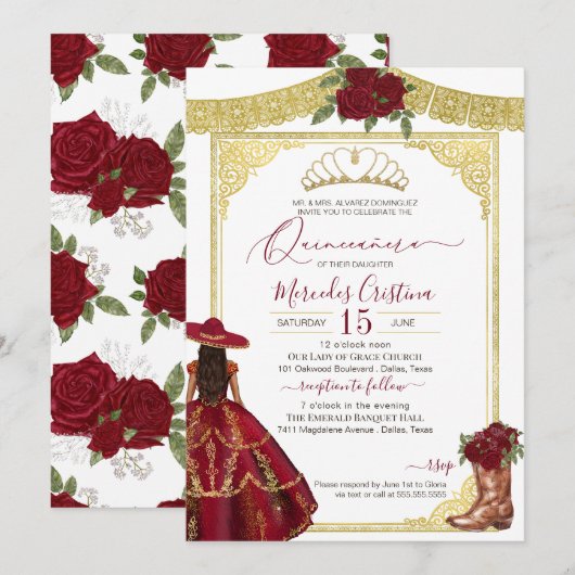 Burgundy Rozen Elegant Western Charro Quinceanera Kaart (Voorkant / Achterkant)