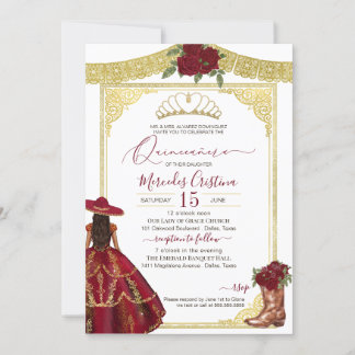 Burgundy Rozen Elegant Western Charro Quinceanera Kaart