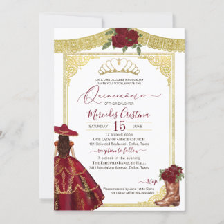Burgundy Rozen Elegant Western Charro Quinceanera Kaart