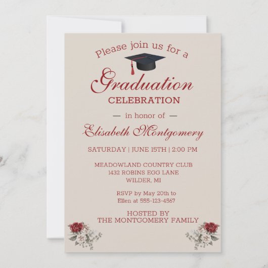Burgundy Rozen en Silver Lijst Graduation Party Aankondiging (Achterkant)