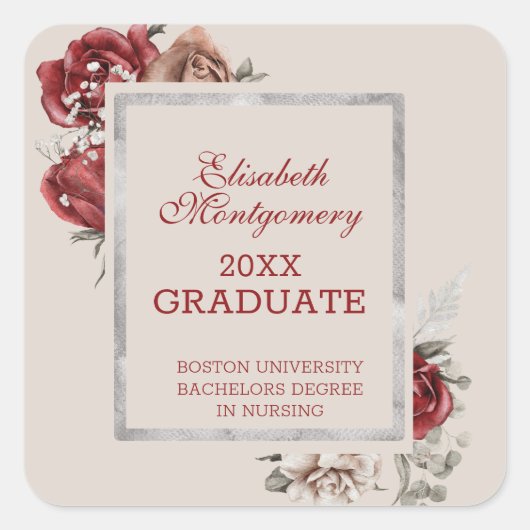 Burgundy Rozen en Silver Lijst Graduation Party Vierkante Sticker (Voorkant)