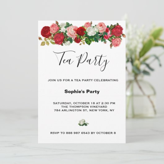 Burgundy Rozen Floral Garland Flower Tea Party Kaart (Staand voorkant)