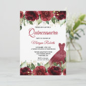 Burgundy Rozen Floral Gown Quinceanera Kaart (Staand voorkant)