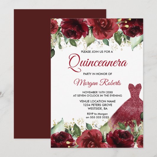 Burgundy Rozen Floral Gown Quinceanera Kaart (Voorkant / Achterkant)