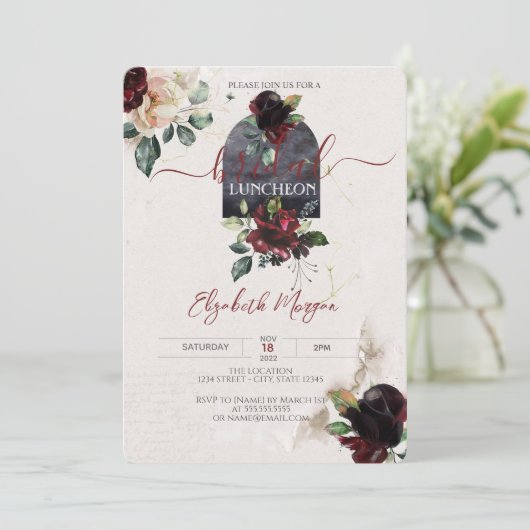 Burgundy Rozen Flowers Bridal Luncheon Kaart (Staand voorkant)