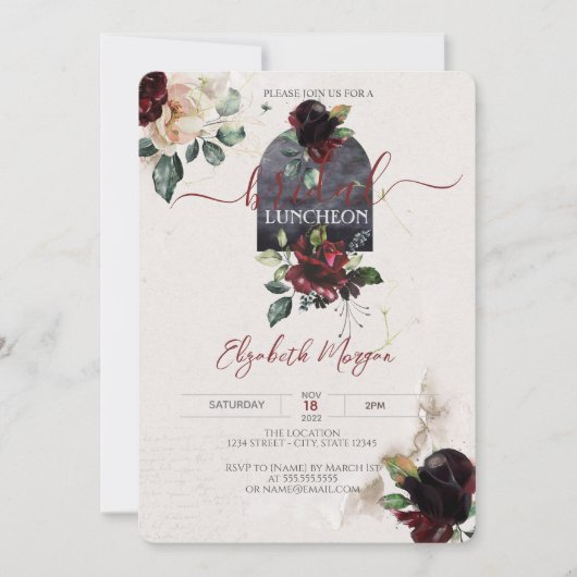 Burgundy Rozen Flowers Bridal Luncheon Kaart (Voorkant)