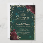 Burgundy Rozen, Gold Tiara, Diamonds Quinceañera Kaart (Voorkant)