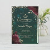 Burgundy Rozen, Gold Tiara, Diamonds Quinceañera Kaart (Staand voorkant)