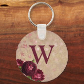 Burgundy Rozen Initiaal Monogram Sleutelhanger (Voorkant)