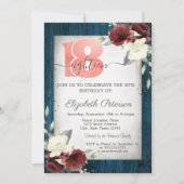 Burgundy Rozen Navy Blue Wood 18th Birthday Kaart (Voorkant)