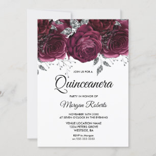 Burgundy Rozen Silver Floral Quinceanera Party Kaart