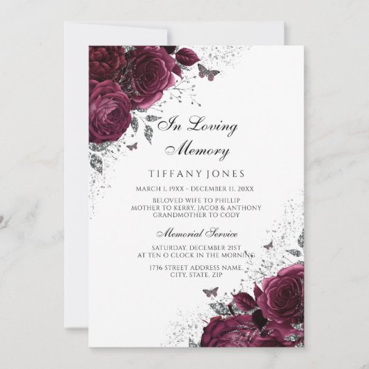 Burgundy Rozen Silver Memorial Funeral Service Kaart (Voorkant)
