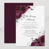 Burgundy Rozen Silver Memorial Funeral Service Kaart (Voorkant / Achterkant)