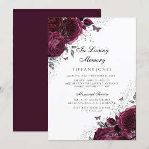 Burgundy Rozen Silver Memorial Funeral Service Kaart