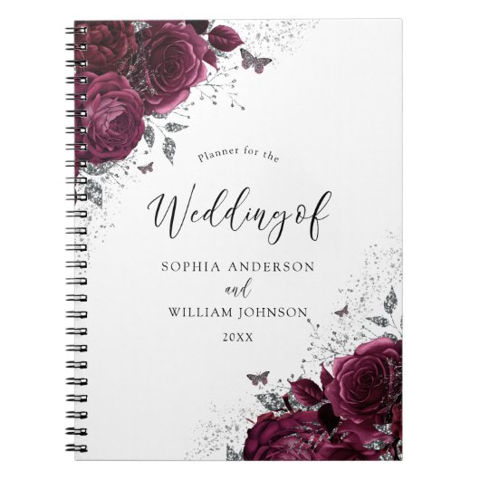 Burgundy Rozen Silver Wedding Planner Notitieboek (Voorkant)