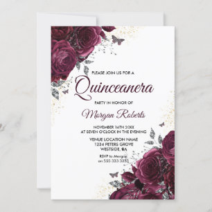 Burgundy Rozen Vlinders Quinceanera Feest Kaart