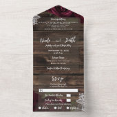 Burgundy Rozen & White Lace Rustic Wood Weddenscha All In One Uitnodiging (Binnen)