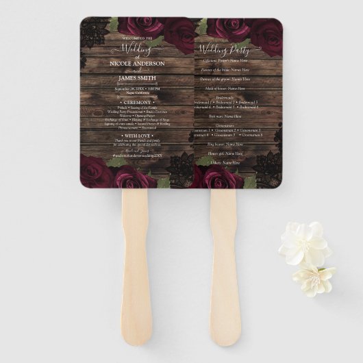 Burgundy Rozen Wood Black Lace Floral Wedding Handwaaier (Voorkant en achterkant)