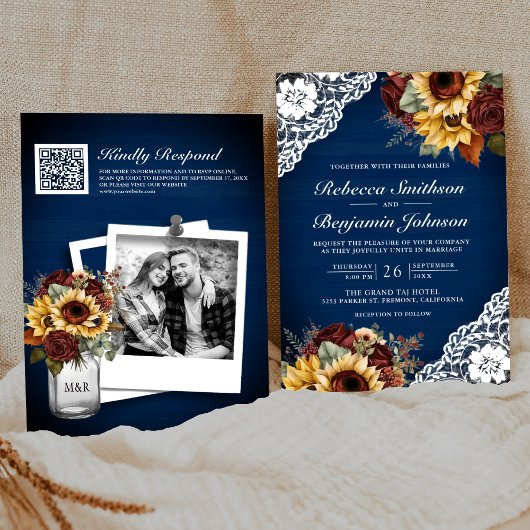 Burgundy Rozen Zonnebloem Navy Kant QR Code Trouwe Kaart