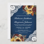 Burgundy Rozen Zonnebloem Navy Kant QR Code Trouwe Kaart (Voorkant)
