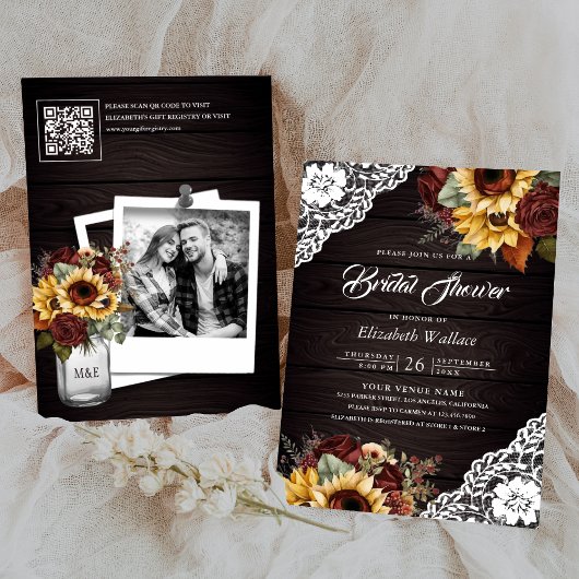 Burgundy Rozen Zonnebloem QR Code Bruidsfeest Kaart