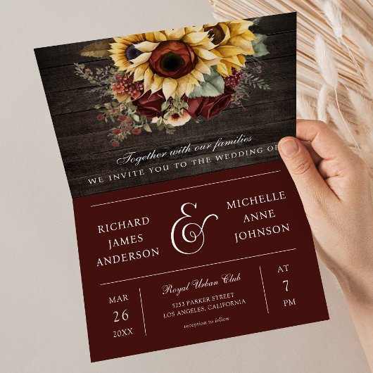 Burgundy Rozen Zonnebloemen Hout QR Code Trouwen
