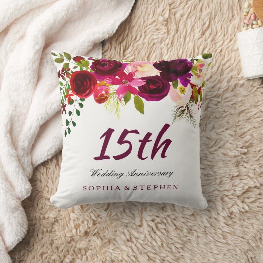 Burgundy Ruby Red Floral 15th Wedding Jubileum Kussen (Deken)