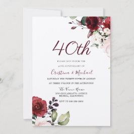 Burgundy Ruby Red Floral 40th Wedding Jubileum Kaart