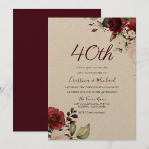 Burgundy Ruby Red Floral 40th Wedding Jubileum Kaart
