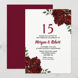 Burgundy Ruby Red Rose 15th Wedding Jubileum Kaart