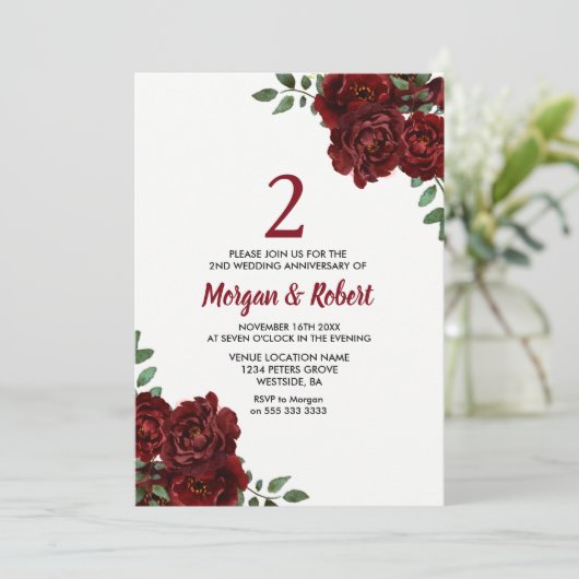 Burgundy Ruby Red Rose 2nd Wedding Jubileum Kaart (Staand voorkant)