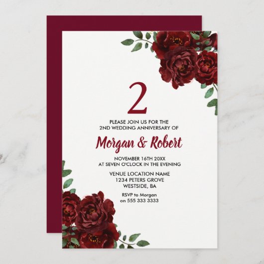 Burgundy Ruby Red Rose 2nd Wedding Jubileum Kaart (Voorkant / Achterkant)