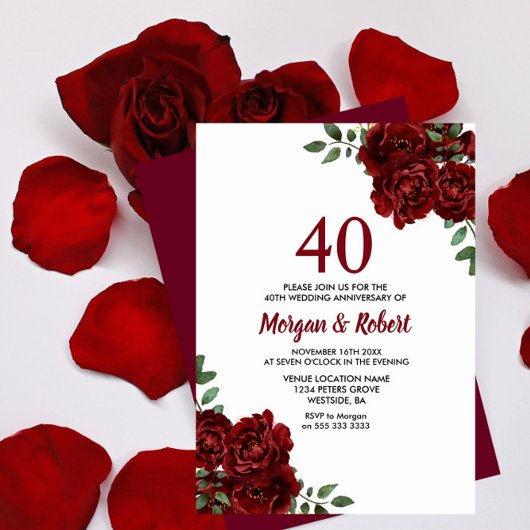 Burgundy Ruby Red Rose 40th Wedding Jubileum Kaart
